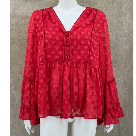 Soft Surroundings Top Women Large Red Besito Polka Dot Sheer Ruffle Tassels Boho - Picture 1 of 10